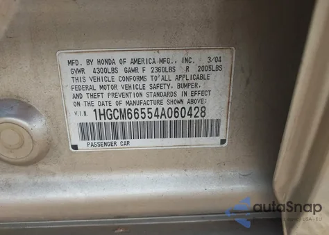 2004 Honda Accord 3.0 Ex from USA, damaged, VIN 1HGCM66554A060428